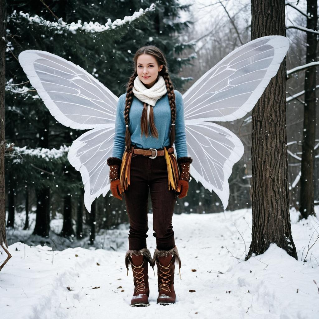 Woman in Snowy Forest with Fairy Wings