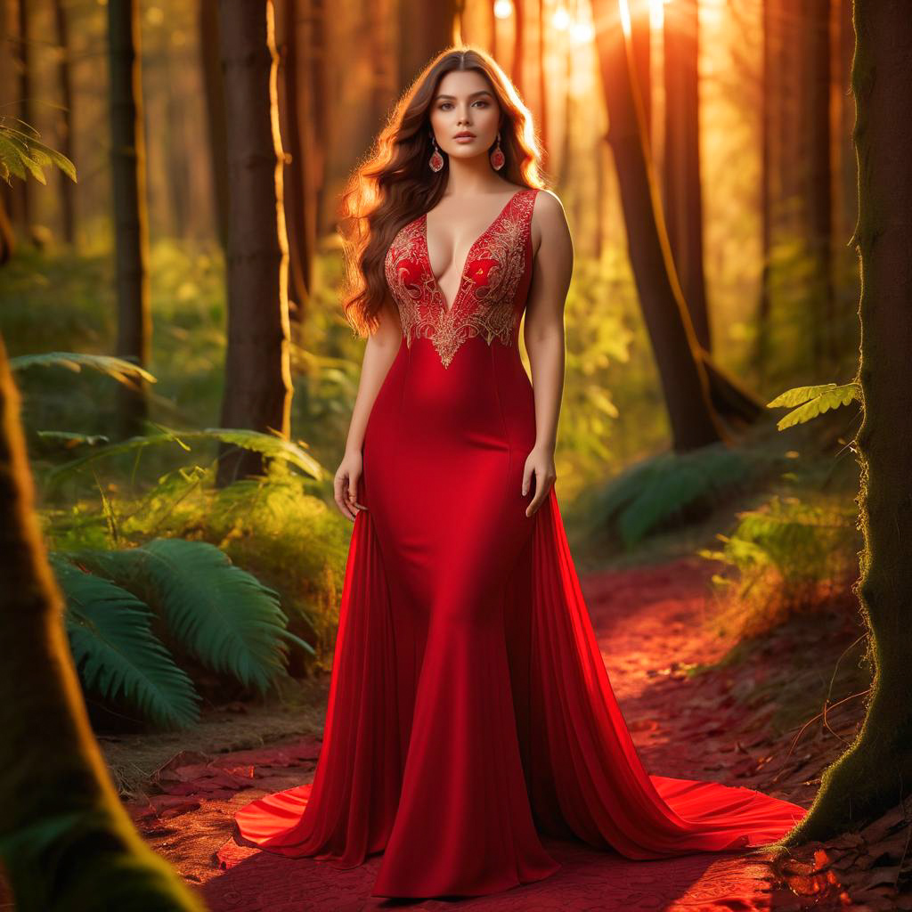 Elegant Woman in Red Gown in Forest