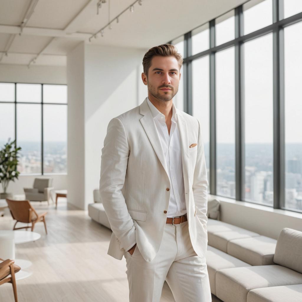 Stylish Man in White Suit in Modern Interior