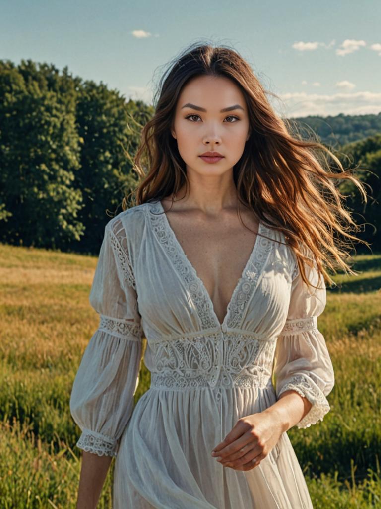 Woman in Vintage Lace Dress in Open Field