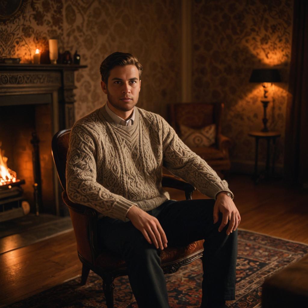 Stylish Man in Vintage Armchair with Candlelight