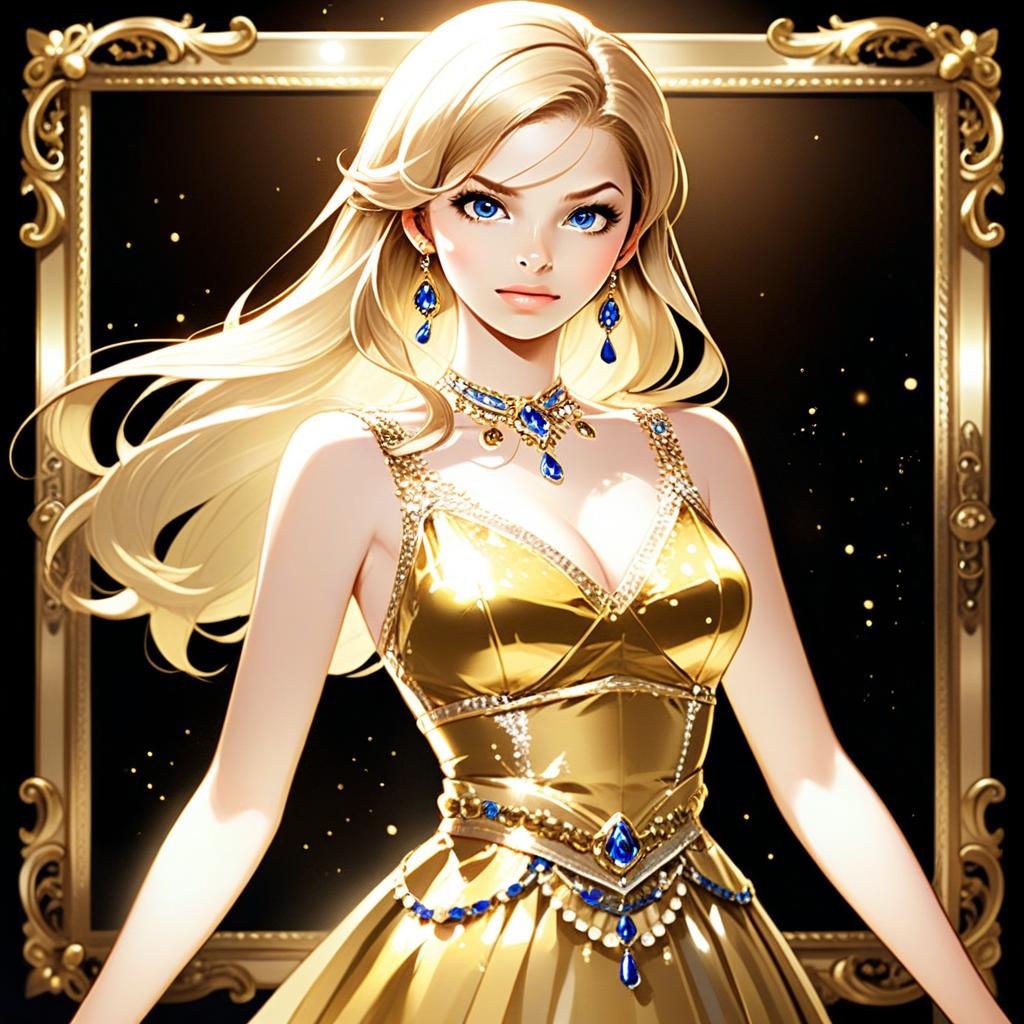 Elegant Woman in Gold Gown with Blue Gemstone Jewelry