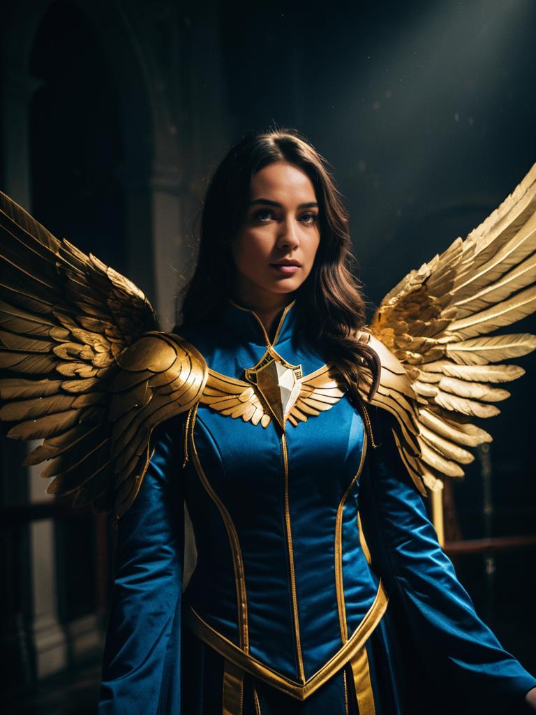 Woman in Blue and Gold Angel Wings Cosplay Costume Fantasy Portrait