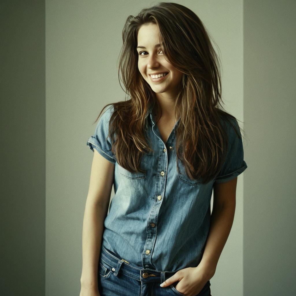 Smiling Young Woman in Denim Shirt Casual Portrait
