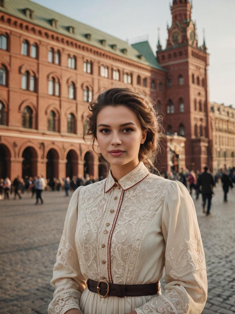 Woman in Antique Clothing in Modern Setting