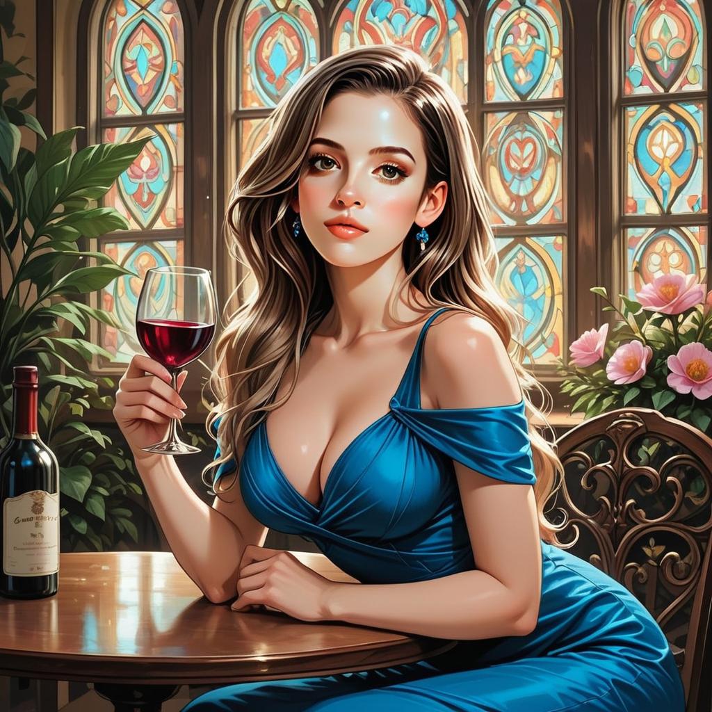 Woman in Blue Dress with Wine