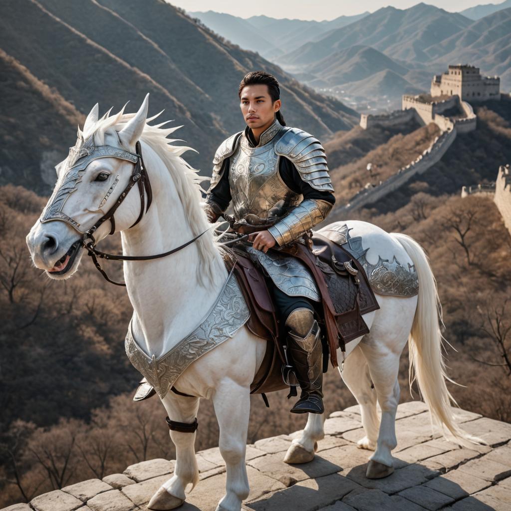 Fantasy Ranger on White Horse in Mountain Landscape