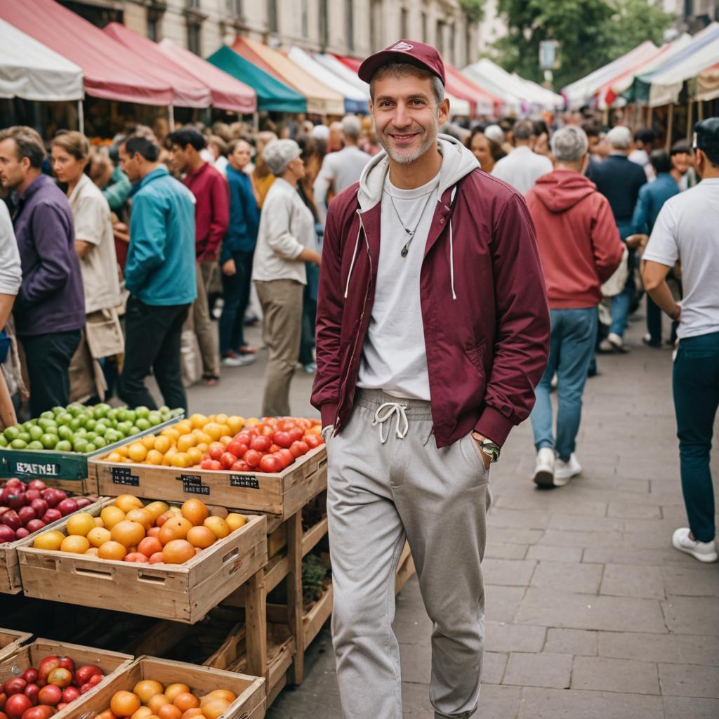 Confident Man in Outdoor Market with Colorful Fruits