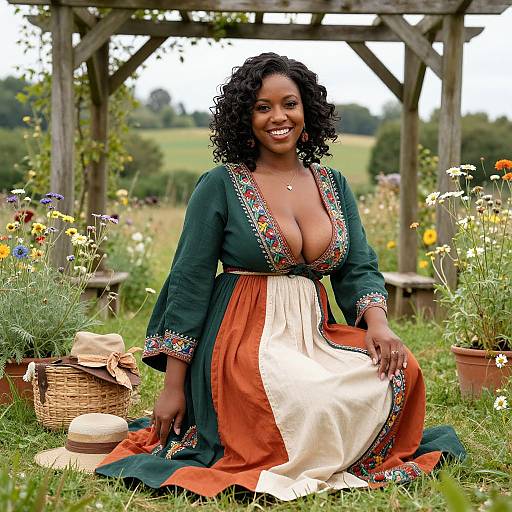 Smiling Woman in Bohemian Dress Sitting in Flower Garden