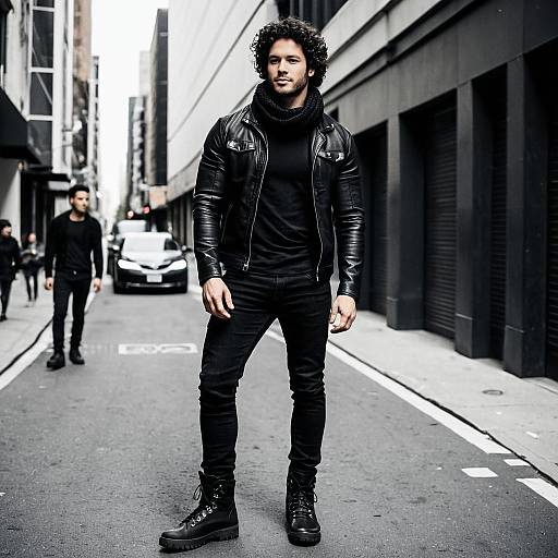 Confident Man in Black Leather Jacket and Boots Standing on Urban Street