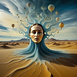 Surreal Woman's Head Merging with Blue Tendrils in Desert Landscape