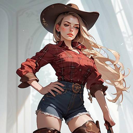 Confident Woman in Western Outfit Digital Anime Artwork