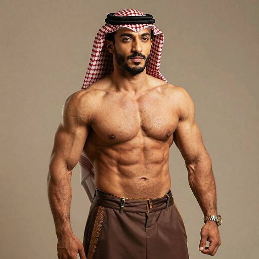 Muscular Middle Eastern Man in Traditional Keffiyeh and Brown Pants