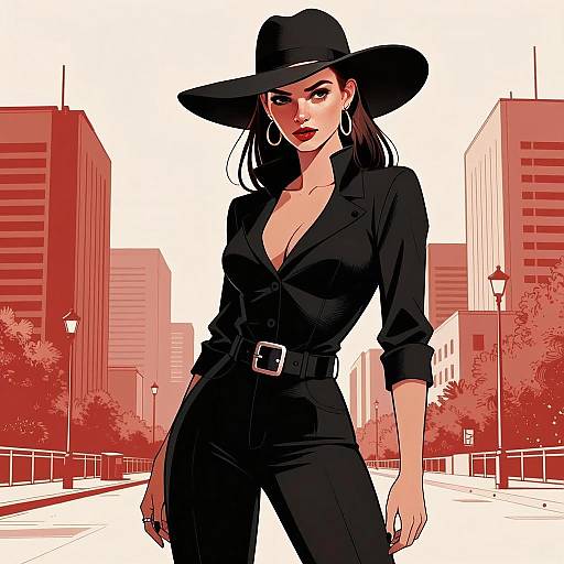 Stylish Woman in Black Outfit with Wide Brim Hat in Urban Digital Illustration