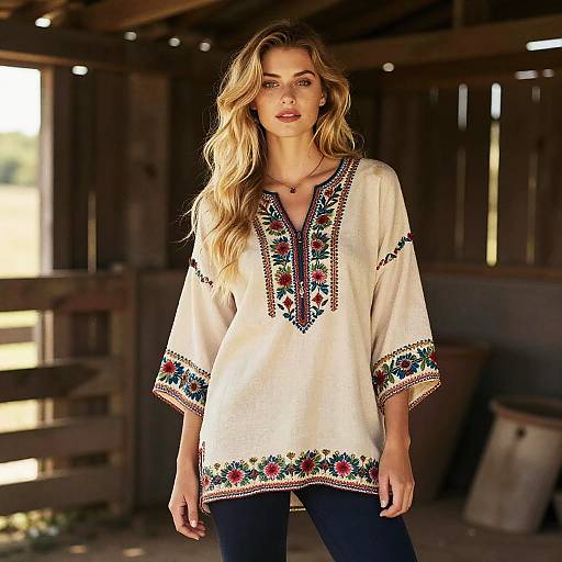Bohemian Floral Embroidered Tunic on Woman in Rustic Barn Setting