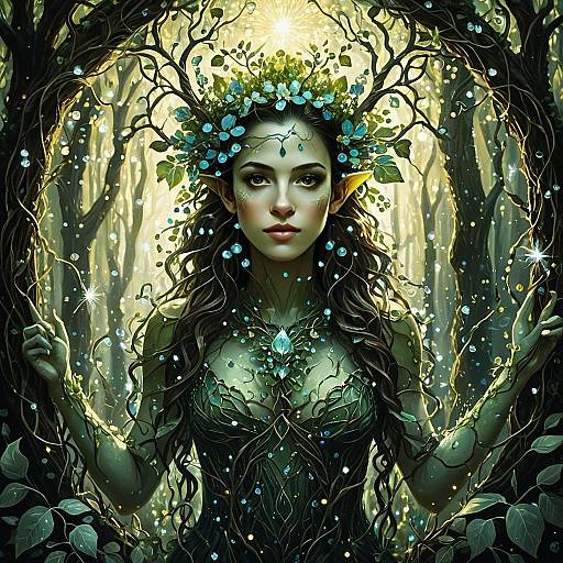 Mystical Elf Woman in Enchanted Forest Fantasy Digital Art