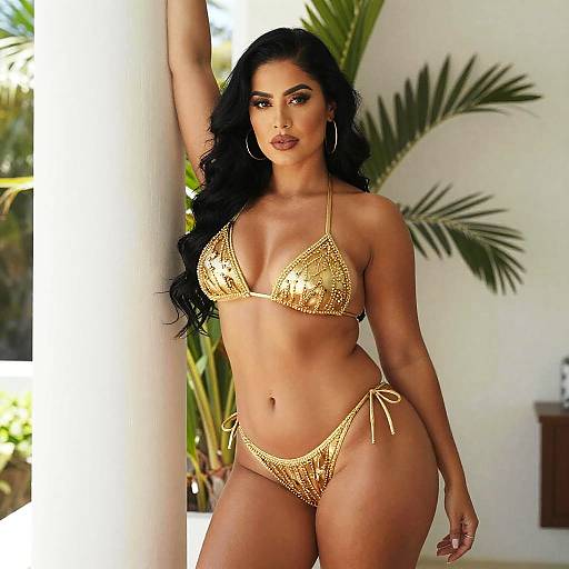 Glamorous Woman in Gold Beaded Bikini by Tropical Column