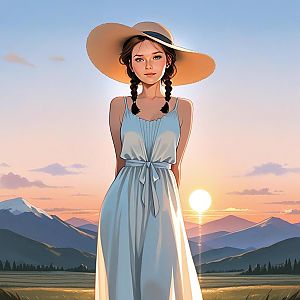 Elegant Woman in Blue Dress at Sunset