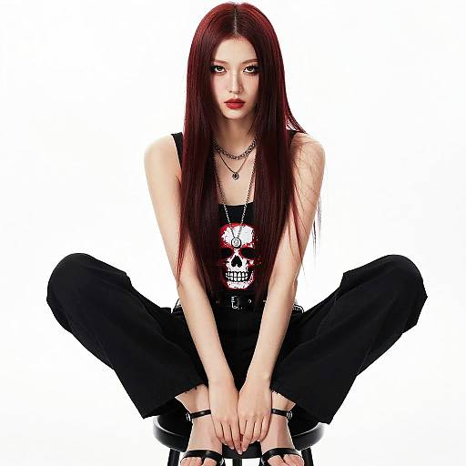 Edgy Fashion Portrait of Woman with Red Hair Sitting on Stool Wearing Skull Tank Top