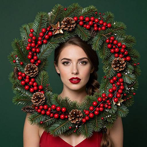 Festive Woman Framed by Christmas Wreath with Pine Cones and Red Berries