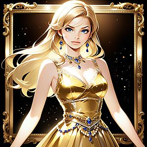 Elegant Woman in Gold Gown with Blue Gemstone Jewelry