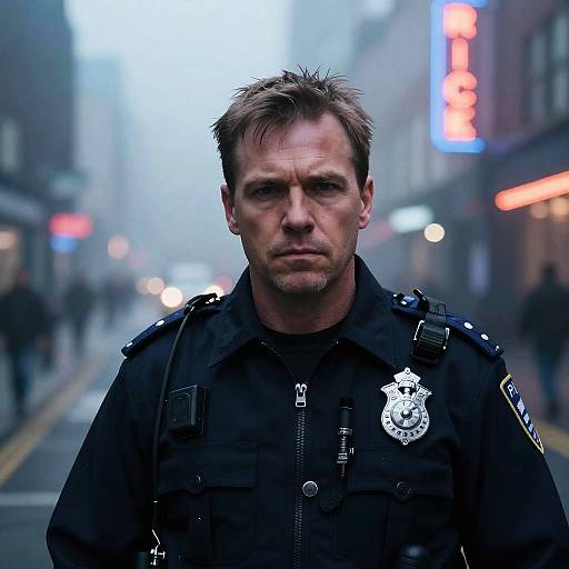 Serious Male Police Officer in Foggy Urban Street Scene