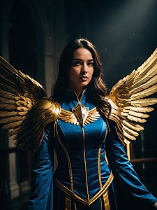 Woman in Blue and Gold Angel Wings Cosplay Costume Fantasy Portrait
