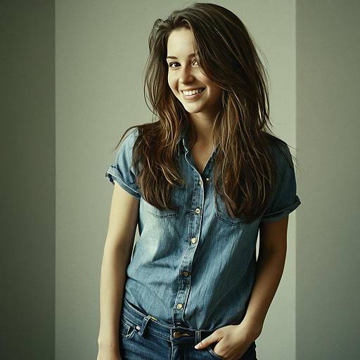 Smiling Young Woman in Denim Shirt Casual Portrait
