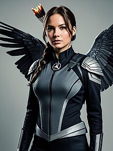 Photorealistic Studio Portrait of Woman in Mockingjay Costume with Wings