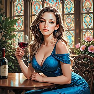 Woman in Blue Dress with Wine