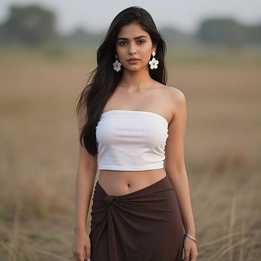 Young Woman in White Crop Top and Brown Skirt Outdoor Portrait