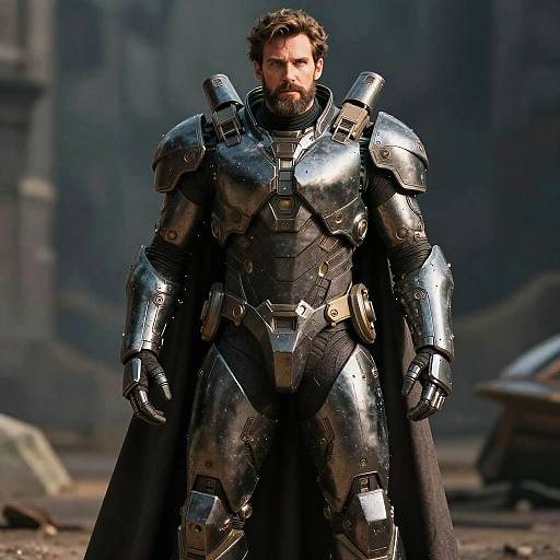 Man in Futuristic Sci-Fi Armor Suit with Cape