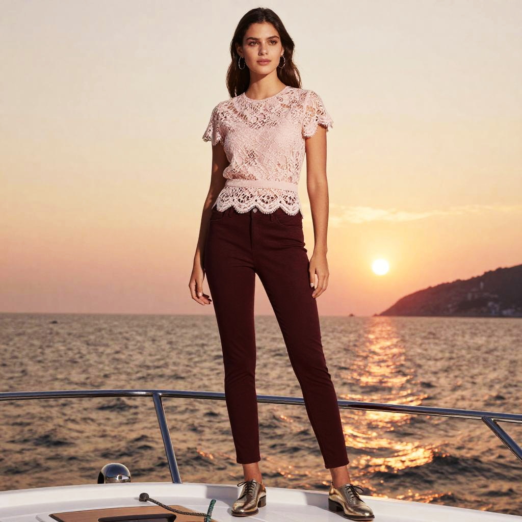Woman in Casual Chic Outfit with Pale Pink Lace Top by the Sea at Sunset