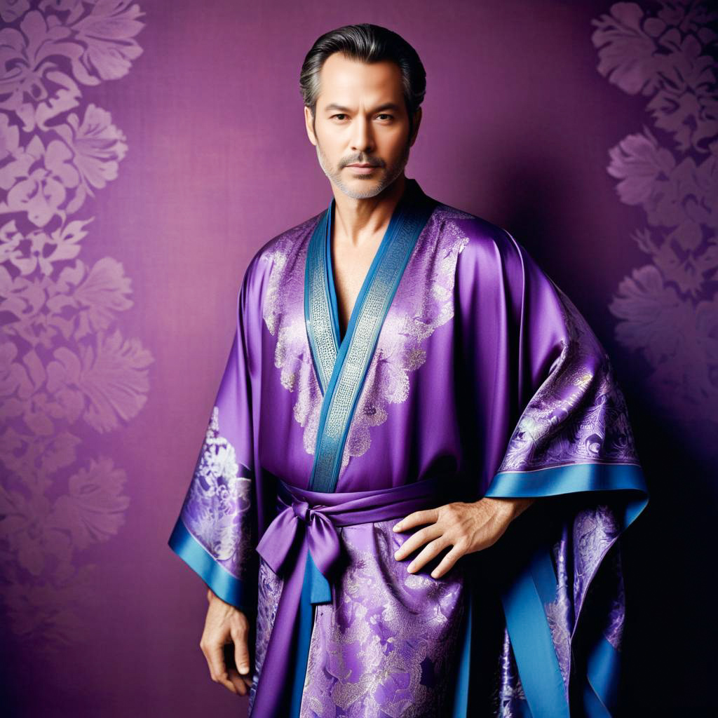 Elegant Man in Purple Kimono with Floral Patterns