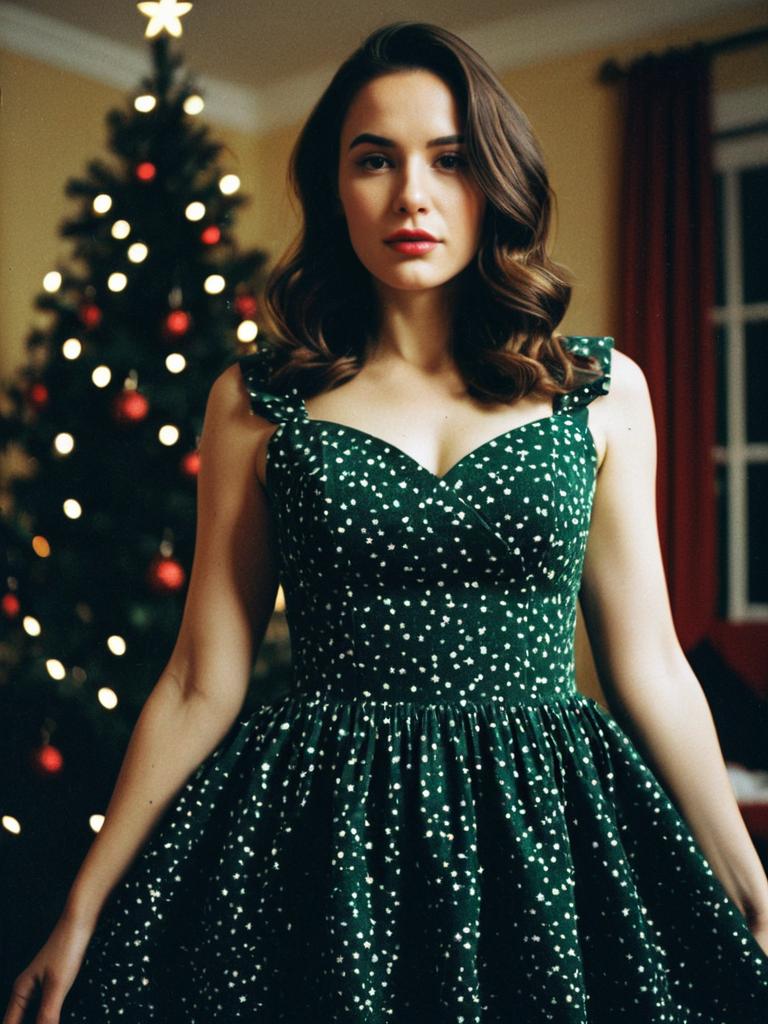 Woman in Festive Green Christmas Dress with Star Pattern in Cinematic Realism