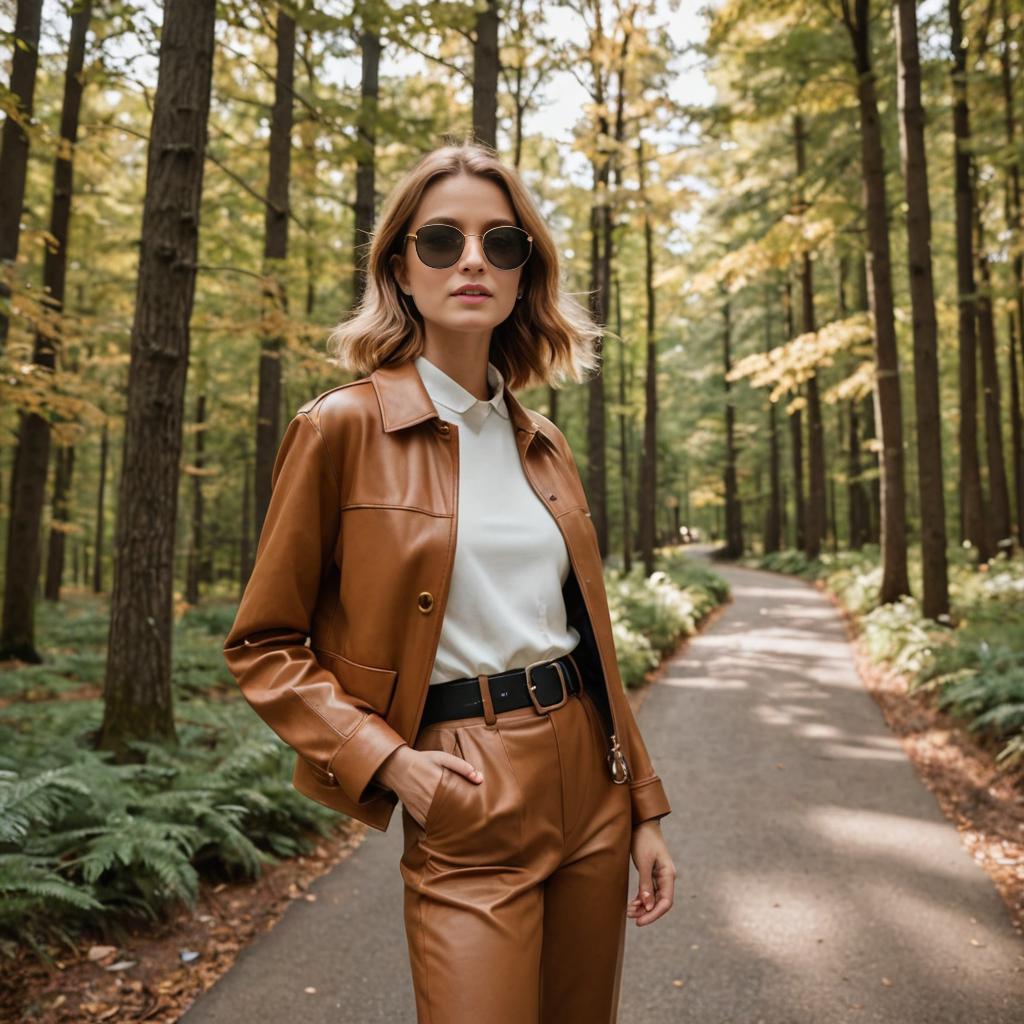 Chic Woman in Leather Ensemble Walking in Forest