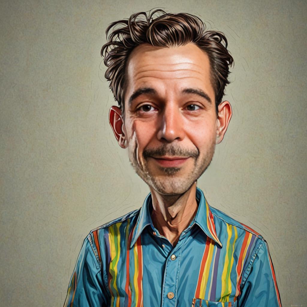 Artistic smiling man in striped shirt, caricature-style