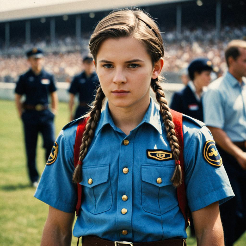 Young Woman in Vintage Blue Uniform on Grassy Field