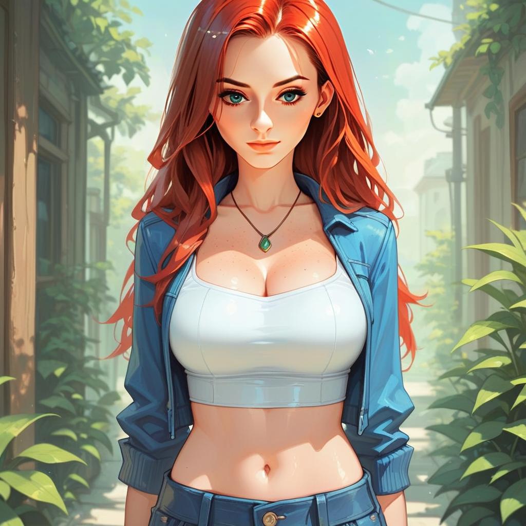 Young Woman with Red Hair in Leafy Alley
