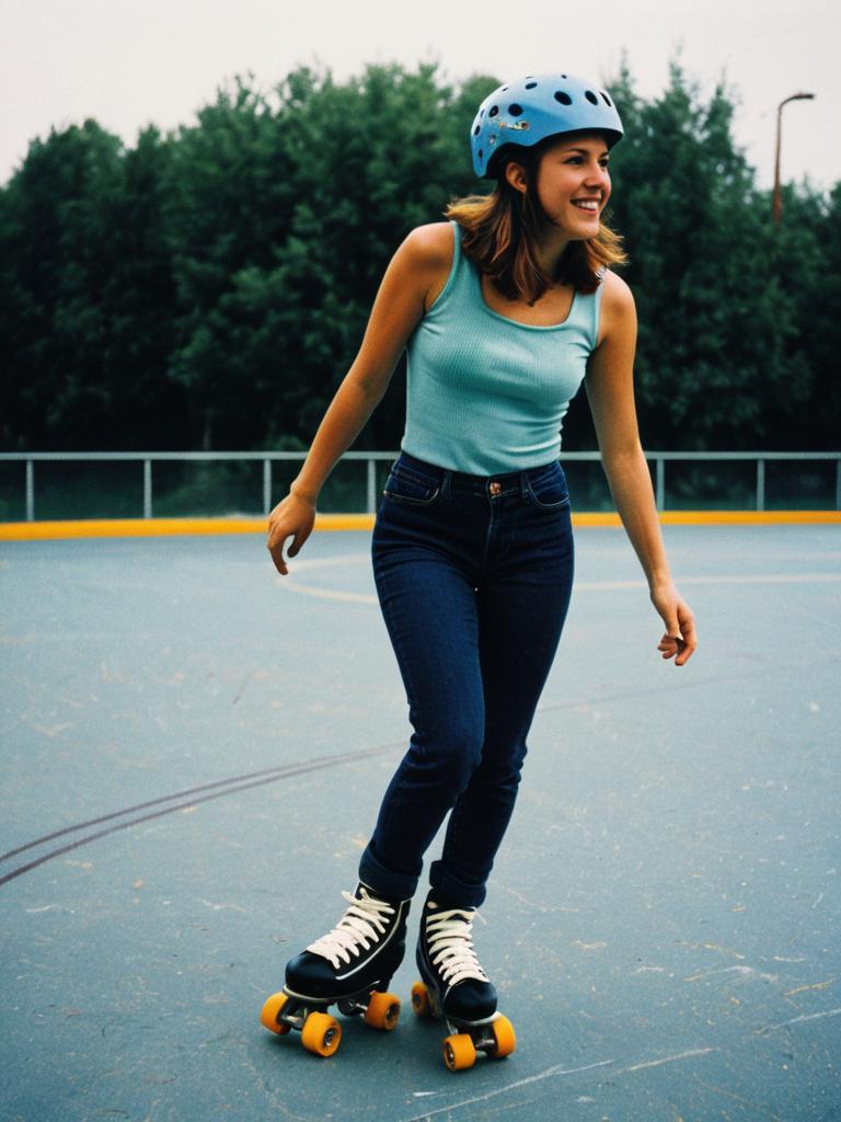 Young Woman in Casual Roller Skating Outfit with Blue Helmet