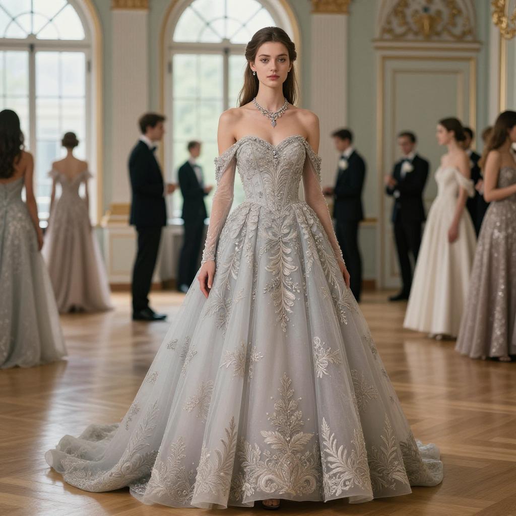 Elegant Woman in Silver Embroidered Ball Gown at Ballroom Event