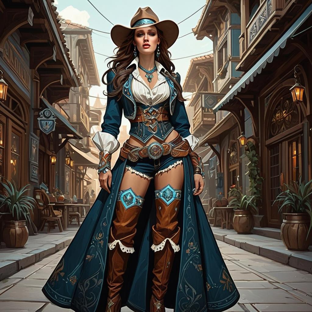 Fantasy Western Woman in Detailed Steampunk Cowboy Outfit on Rustic Street