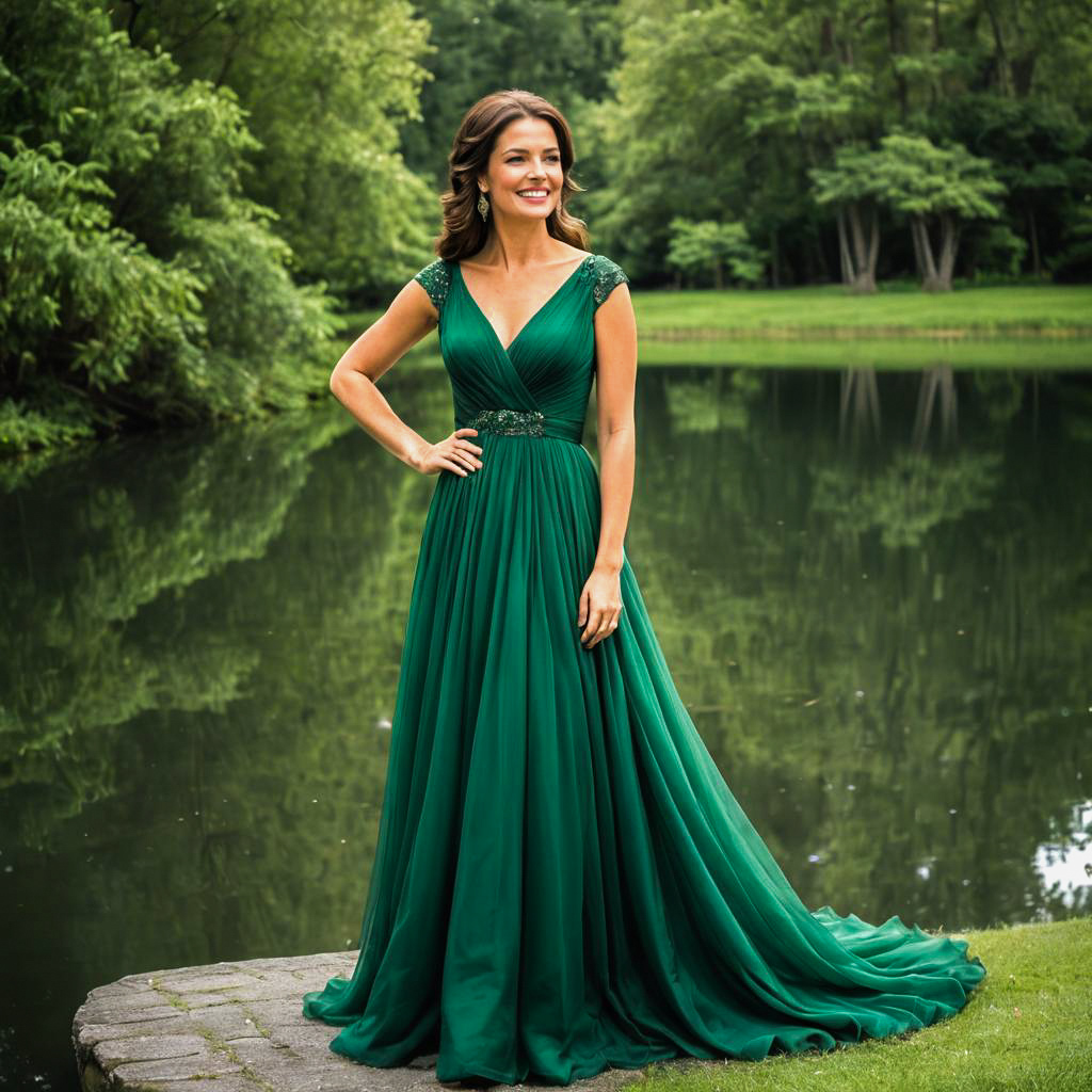 Woman in Emerald Green Gown by Serene Lake