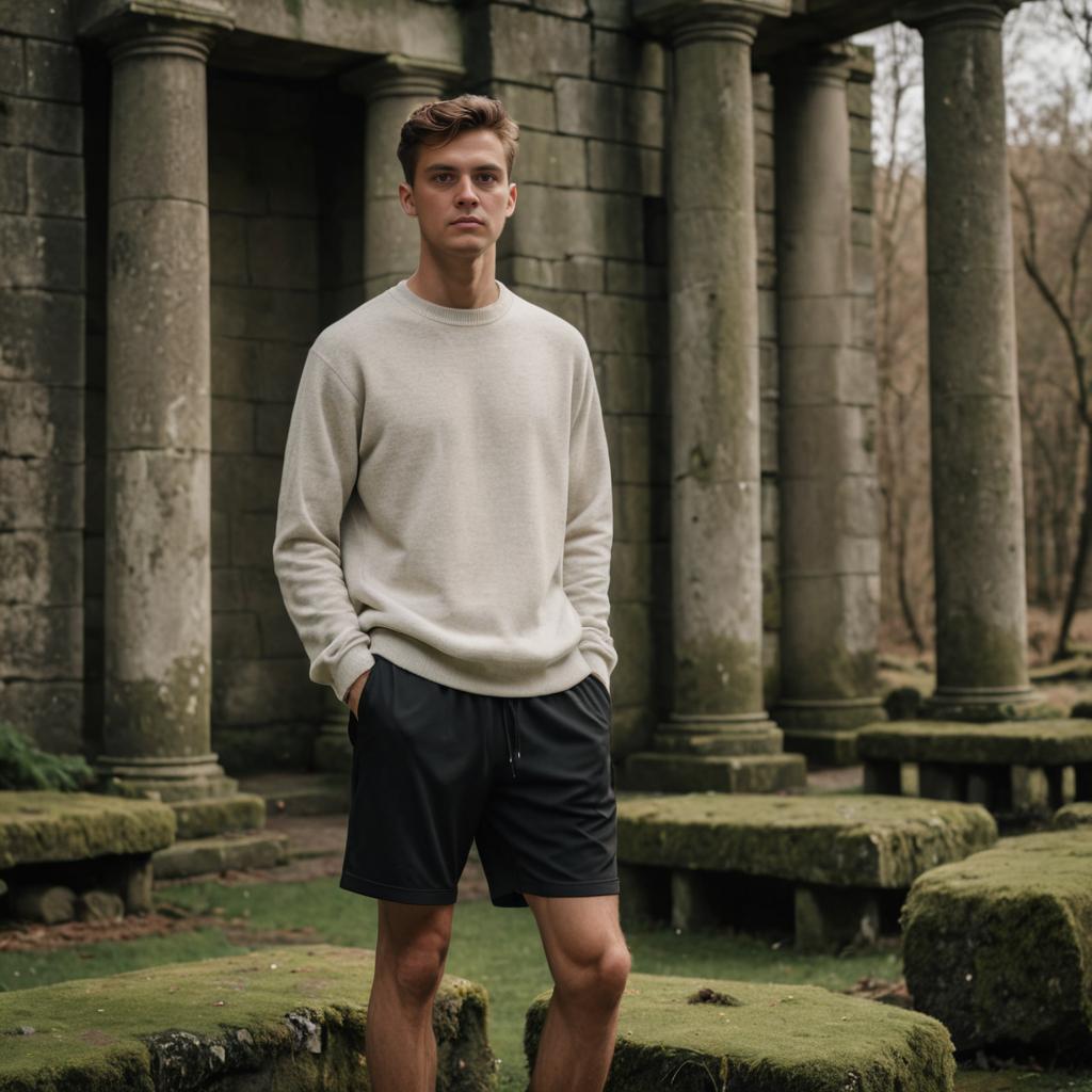 Confident Man Amidst Ancient Columns