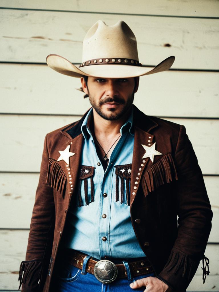 Man in Cowboy Costume Wearing Classic Western Cowboy Hat and Fringe Jacket
