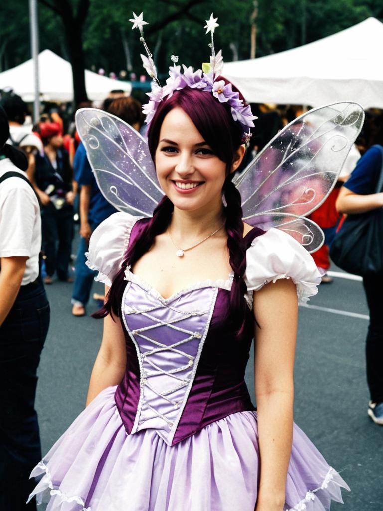 Woman in Sugar Plum Fairy Costume Smiling at Cosplay Festival