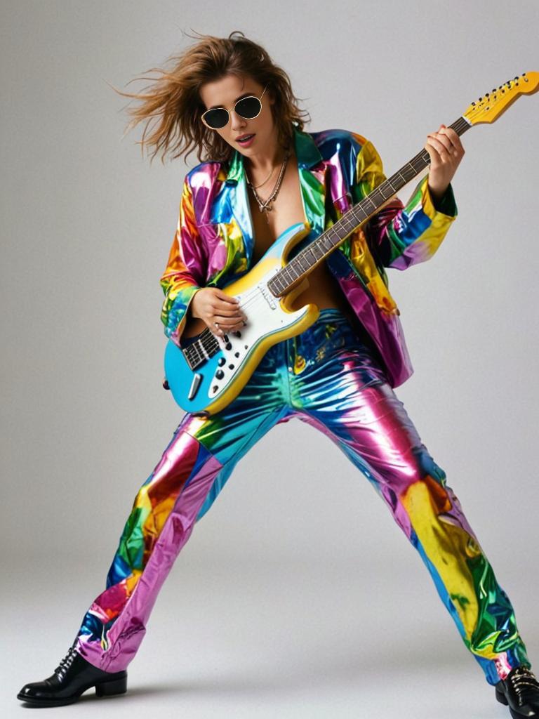 Stylish Woman in Colorful Suit Playing Electric Guitar