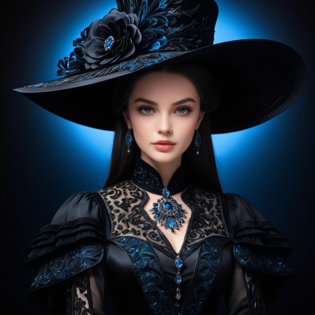 Elegant Woman in Black and Blue Victorian Gown