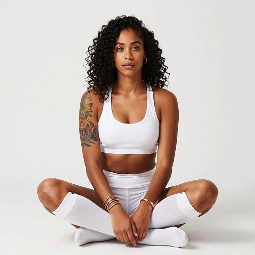 Woman in White Sportswear Meditating with Tattoo and Curly Hair