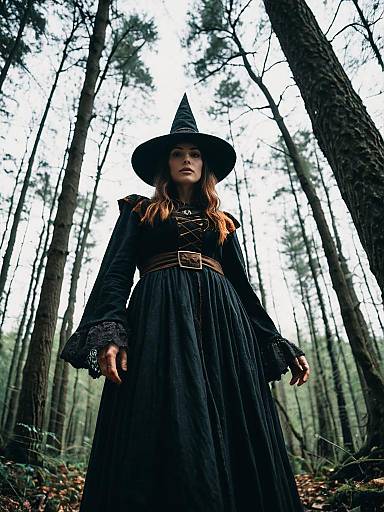 Woodland Witch Costume Woman in Forest Cinematic Realism Low Angle